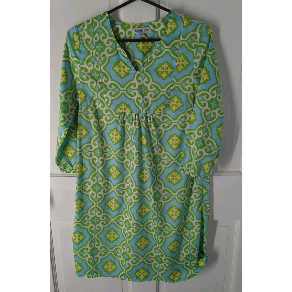 Buckhead Betties Dress Small "Call Me" Turquoise Damask Crop Sleeves Shift Dress